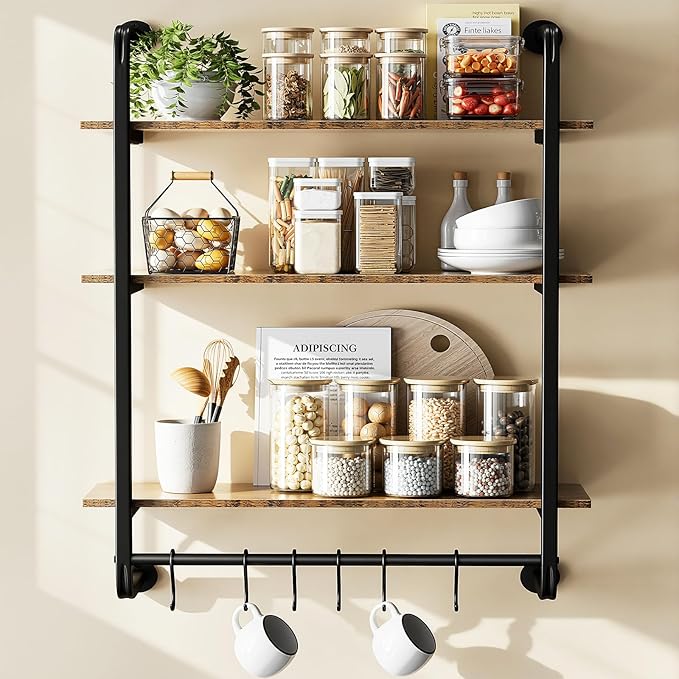 3 Tier Industrial Pipe Shelving, 24" Kitchen Shelves Wall Mounted with 6 Hooks, Coffee Bar Shelves Display Bookshelf Wall She