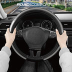 Road Comforts Leather Steering Wheel Cover – Black & Gray, Universal Fit 14.5-15 Inch, Microfiber Leather, Anti-Slip & Breath