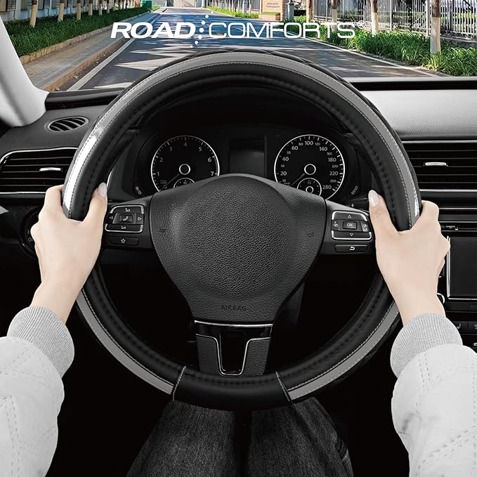 Road Comforts Leather Steering Wheel Cover – Black & Gray, Universal Fit 14.5-15 Inch, Microfiber Leather, Anti-Slip & Breath