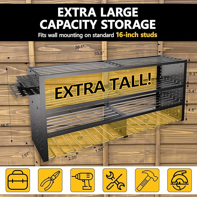 Large Power Tool Organizer Wall Mount, 4 Layer Garage Storage Cordless Tool Organizer with 8 Drills Holder, Heavy Duty Premiu