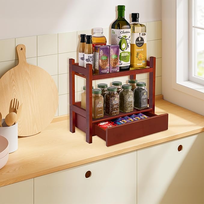 Sorbus Bamboo Bathroom Counter Organizer – 2-Tier Shelf with Hidden Drawer for Vanity, Matcha Station, Bathroom Sink Organize