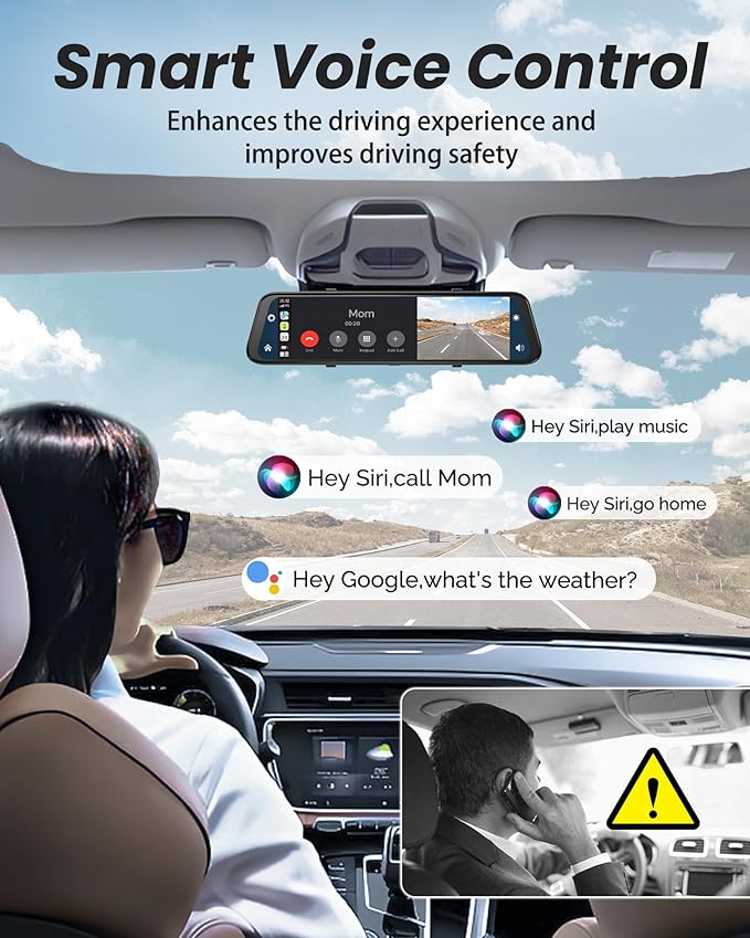 4K Rear View Mirror Camera with Carplay&Android Auto,12" Mirror Dash Cam Front and Rear with Voice Control for Cars&Trucks,Sm