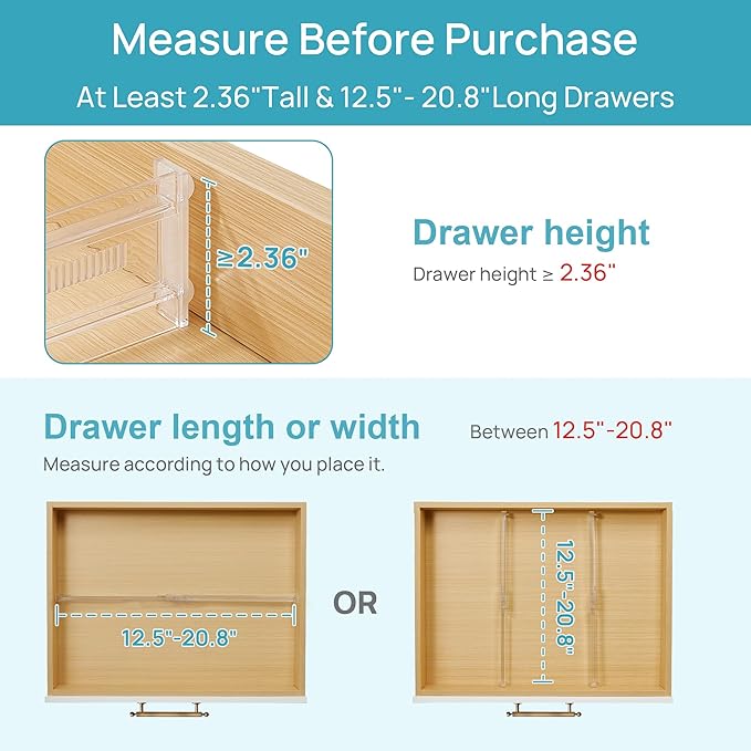 Vtopmart 8 Pack Shallow Drawer Dividers, 2.36" High 12.5"-20.8" Adjustable Expandable Kitchen Drawer Organizer, Clear Plastic