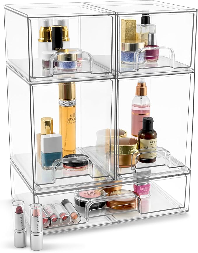 Sorbus Acrylic Storage Containers - 5 Pack, Stackable Storage Bins Set for Bathroom Organization - Clear Acrylic Drawer Organ