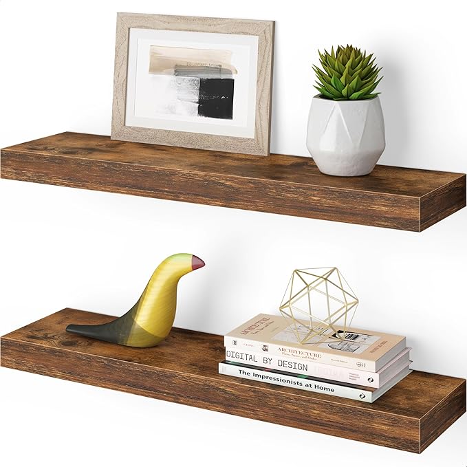 Ballucci Floating Shelves, 24" Wood Wall Shelf Set of 2, with Invisible Brackets for Bathroom, Living Room, Bedroom, Kitchen,