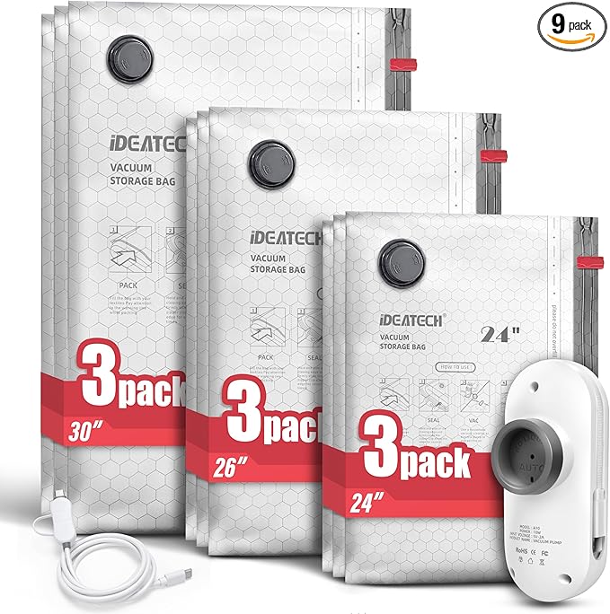 IDEATECH Travel Vacuum Bags with USB Pump, Space Saver Vacuum Seal Bags for Clothes & Luggage, Reusable Compression Packing B