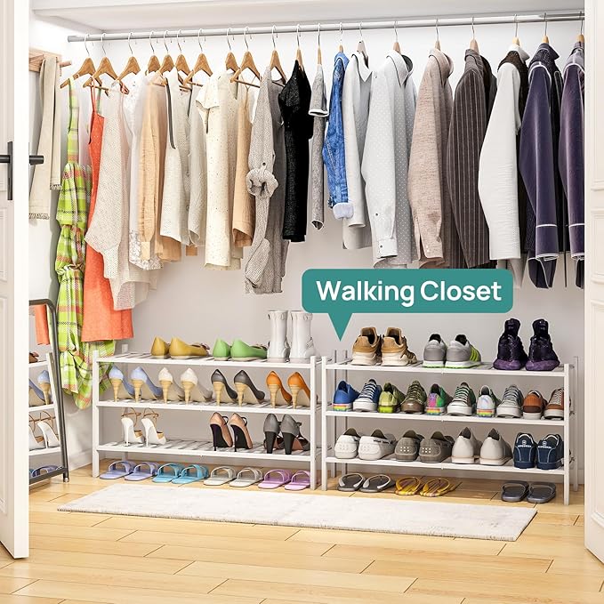 viewcare 3-Tier Long Shoe Rack, Bamboo Wood Shoe Rack for Closet, Entryway & Hallway, Stackable White Shoe Shelf Storage Orga