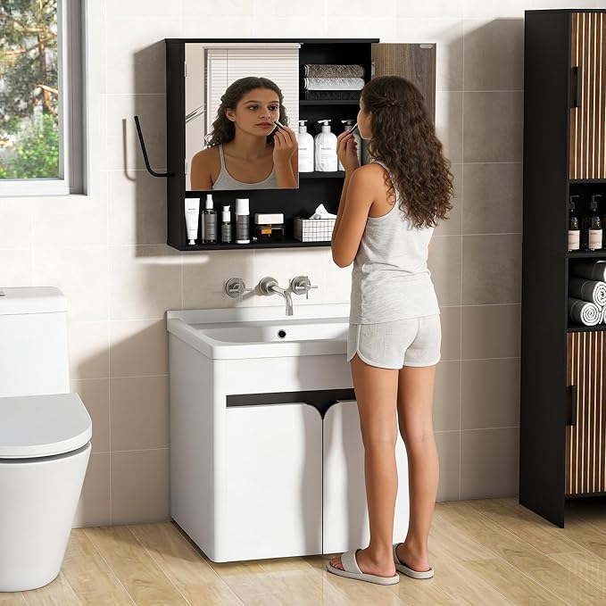 Bathroom Wall Cabinet With Mirror,wall mounted bathroom cabinet,Medicine Cabinet with 2 Door ,Side Hook,Light and Adjustable 