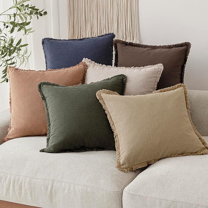 Foindtower Set of 2 Decorative Linen Fringe Throw Pillow Covers Cozy Boho Farmhouse Cushion Cover with Tassels Soft Accent Pi