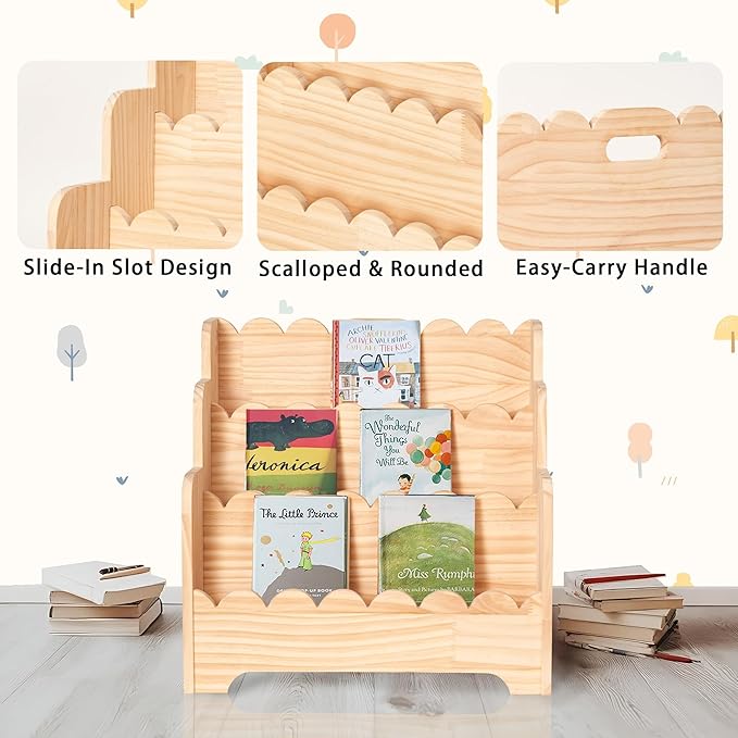 Kids Bookshelf Storage 3-Tier, Book Case for Kids Rooms, Scalloped Wooden Montessori Bookcase for Toddlers & Baby, Small Nurs