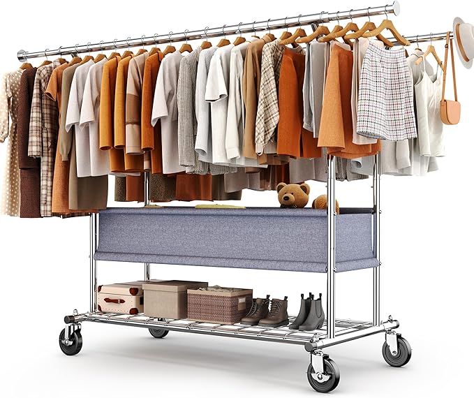 HOKEEPER Clothing Rack Heavy Duty Clothes Rack for Hanging Clothes Load 625LBS Extendable Double Rod Clothes Rack, Adjustable