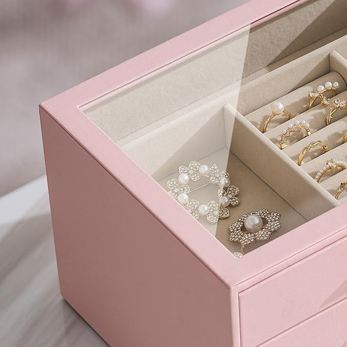 pickpiff Jewelry Box Organizer Case for Women: 3-Layer Jewelry Storage Case with Glass Window, Pink Leather with Velvet Holde
