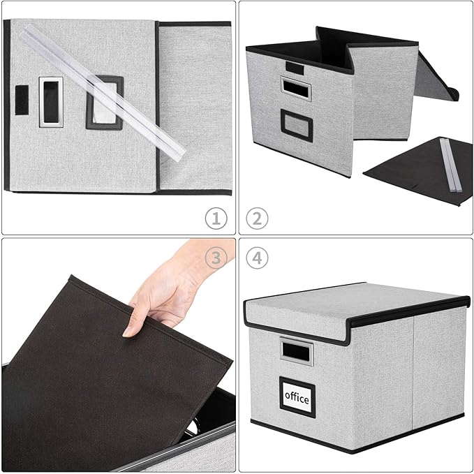 Huolewa Upgraded Portable File Organizer Box with Lid, Collapsible Linen Hanging Filing Storage Boxes with Plastic Slides, De