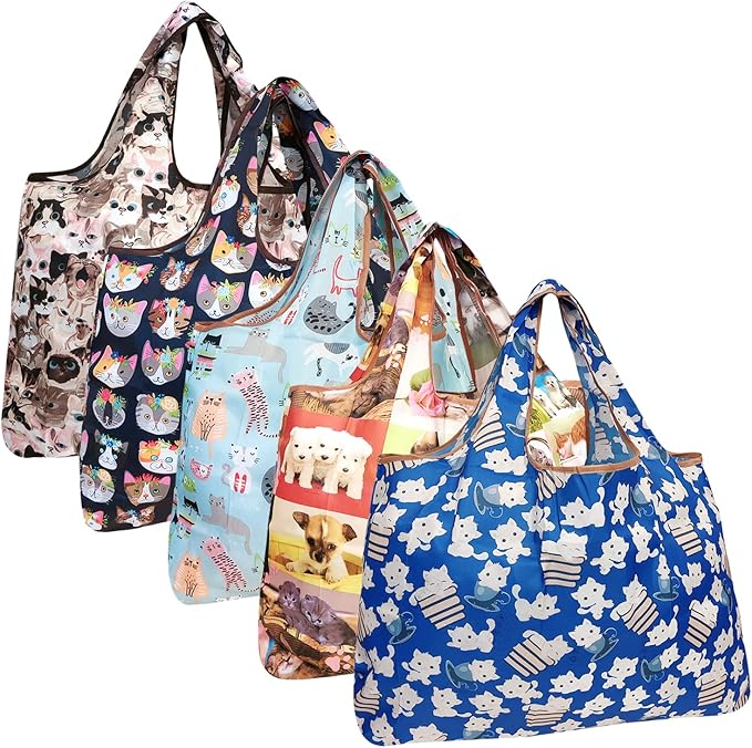 allydrew Large Foldable Tote Nylon Reusable Grocery Bags, 5 Pack