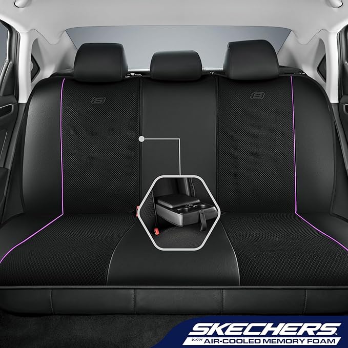 Skechers Air-Cooled Memory Foam Seat Covers,Mesh Thick Car Seat Covers,Piping Leather Car Seat Cover,Airbag Compatible,Automo