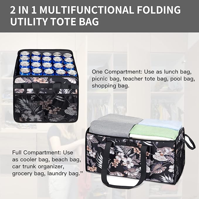 Muzale Extra Large Utility Tote Bag with Wire Frame Reusable Grocery Bags Foldable Heavy Duty Shopping Bags for Groceries Collapsible Totes with Handles for Carrying Heavy Loads Storage Car Trunk