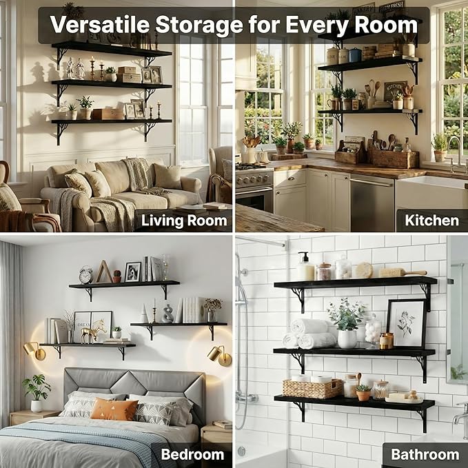 48Inch Solid Pine Wood Floating Shelves Set of 3, Black Wood Wall-Mounted Storage Shelves with Heavy-Duty Metal Brackets | De