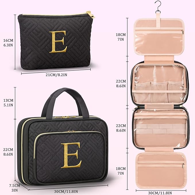 Gifts for Women, Initial Toiletry Makeup Bag Hanging Cosmetic Organizer with Embroidery Letter Personalized Nurse Teacher App