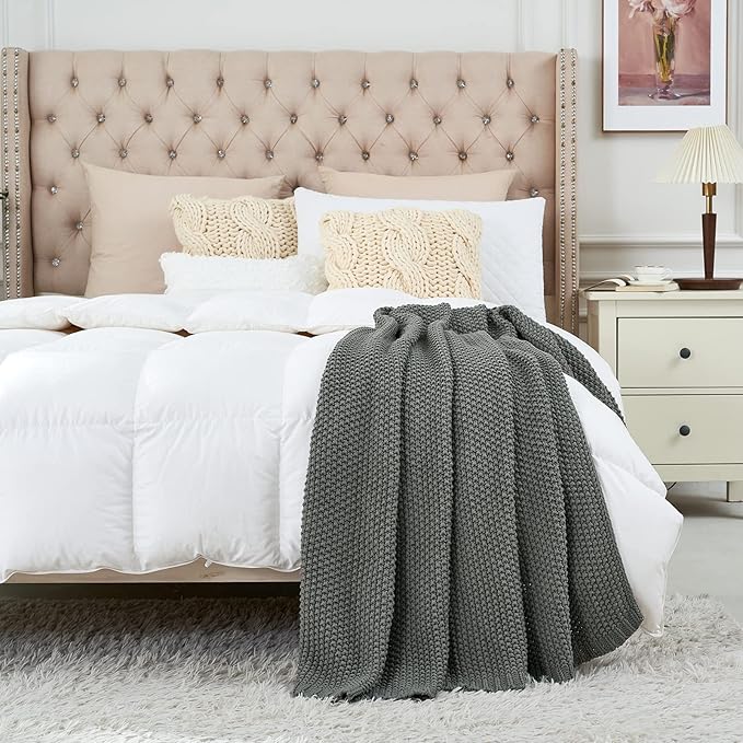 Chunky Cable Knit Throw Blanket Lightweight Grey 100% Organic Cotton Blanket for Sofa Couch Bed Baby Nursery, Rustic Shabby C