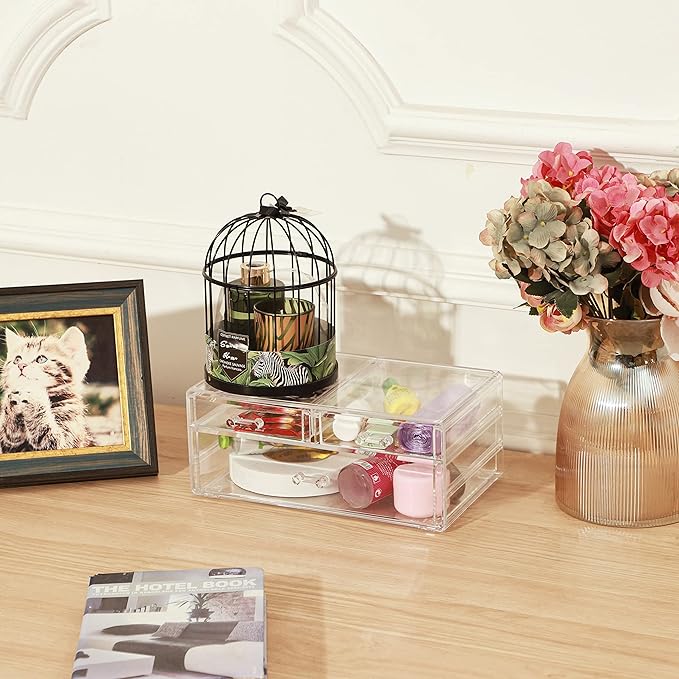 Cq acrylic Clear Storage Drawers,Stackable Make up Organizers And Storage For Vanity Countertop,Large 3 Drawers Plastic Shelf