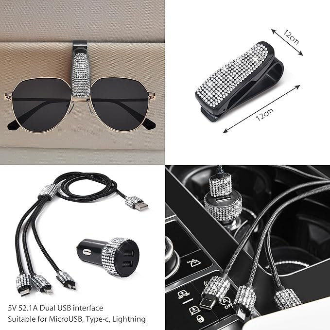 CAR PASS 30 PCS Bling Diamond Car Accessories Set for Women, Bling Steering Wheel Covers 15 Inch, Shining Rhinestone License Plate Frame, Sparkly Phone Holder, Cute Interior Set Decorations, Silver