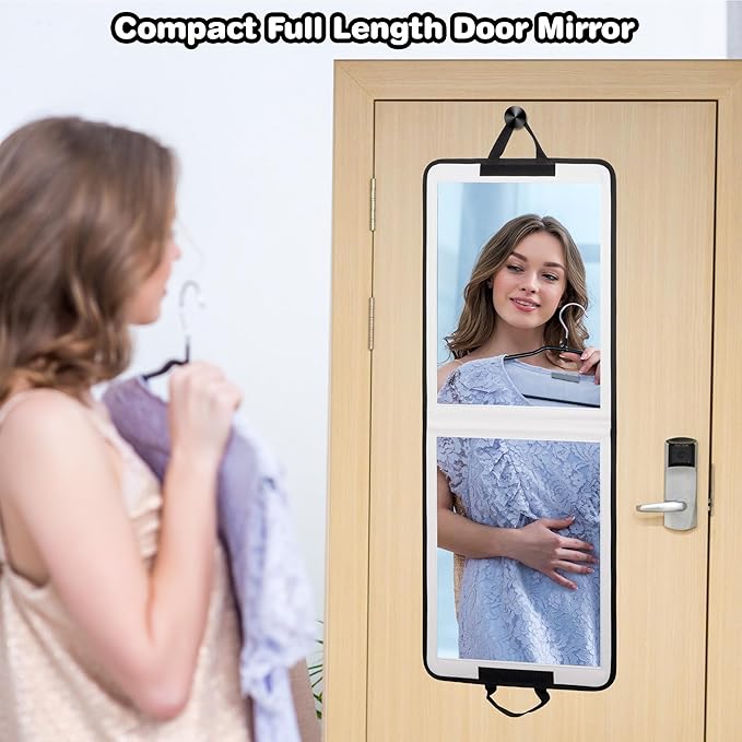 LPHUMEX Foldable Full Length Mirror White with Black Handles Hanging, 13x33 inch Portable Folding Body Mirror for Dance, Fest