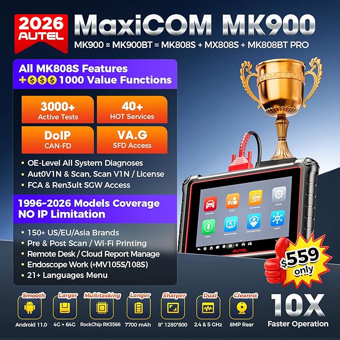 Autel MaxiCOM MK900 Bidirectional Scanner: 2026 Up of MaxiCheck MX808S MK808S, Work as MK900-BT MK900BT MX900 OBD2 Diagnostic
