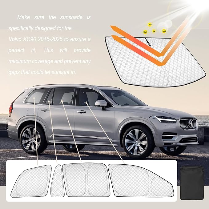 KMF 10pcs Thicken Sun Shades for Volvo XC90 2016-2025 Accessories, Full Car Window Covers Sunshade for Windshield Side Rear, UV Block and Blackout Protect Privacy for Car Camping