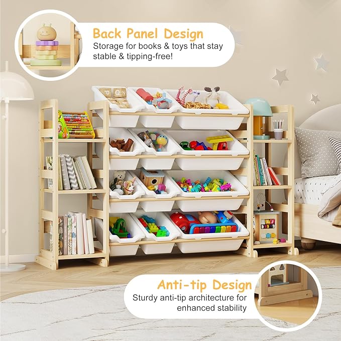 EXPERLAM Extra Large Toy Storage - Toy Storage Organizer, Wooden Toy Organizer with 6 Side Shelves and 12 Bins, 3-in-1 Booksh