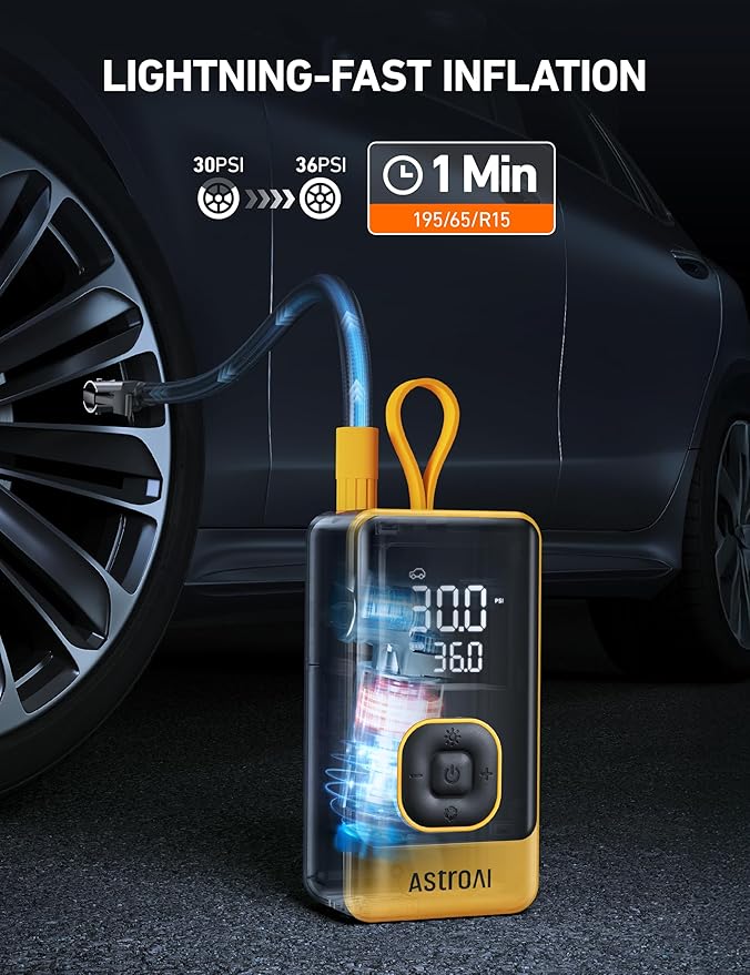 AstroAI L7 Air Tire Inflator Portable Air Compressor, 150PSI Electric Cordless Car Pump with Fast 1-min Inflation, Auto Shutoff, LED Light – Rechargeable for Car, SUV, Motorcycle, Bike Tires, Yellow