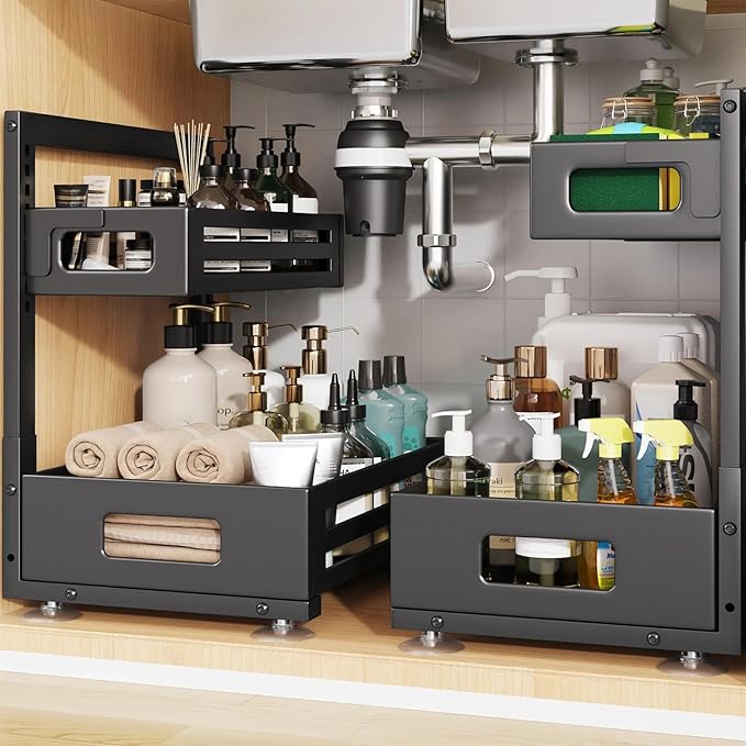 2 Pack Under Sink Organizer,Pull Out Cabinet Organizer with Smooth Cylindrical Rail,Metal Slide Out Drawer for Kitchen Bathro