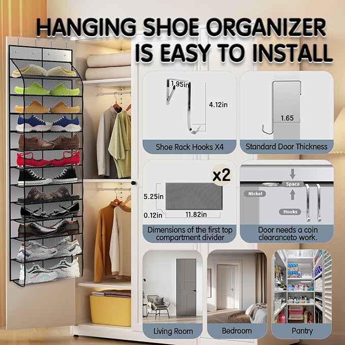 Kotkn Over The Door Shoe Organizer with 12 Large Breathable Pockets - Durable Hanging Storage for the Entire Family's Shoes (