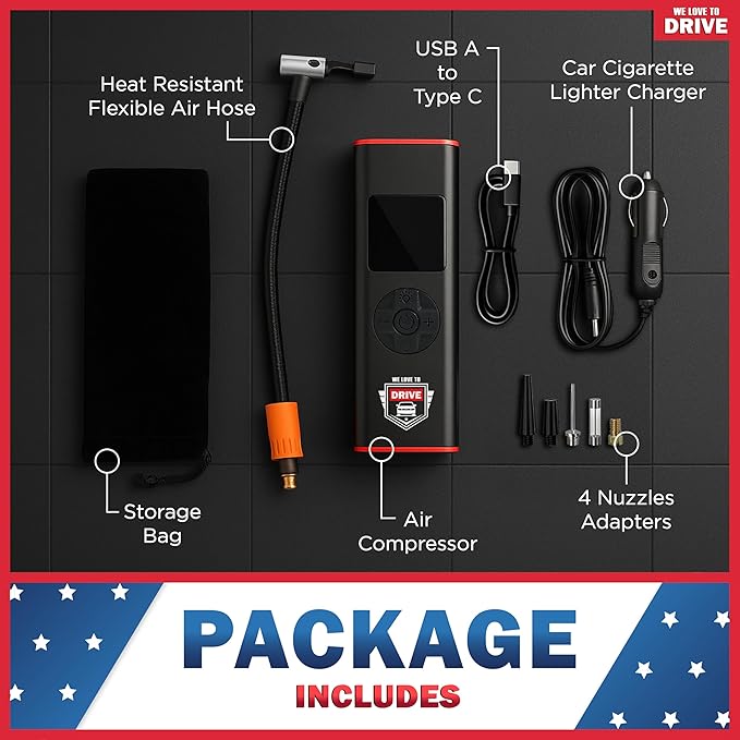 Tire Inflator Portable Air Compressor with LED Light – 12V DC Cordless Air Pump & Auto Shut-Off Function, 150 PSI Electric Air Pump for Car Tires with Digital Tire Pressure Gauge and Car Accessories