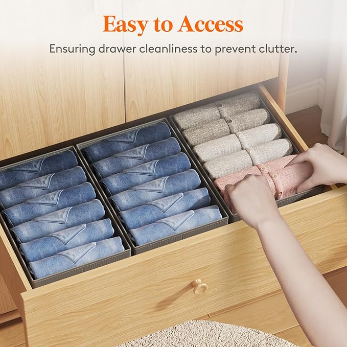 Lifewit 4 Pack Clothes Organizer, 6 Grids Closet Jean Storage Bins with Handles and Support Boards, Foldable Drawer Organizer