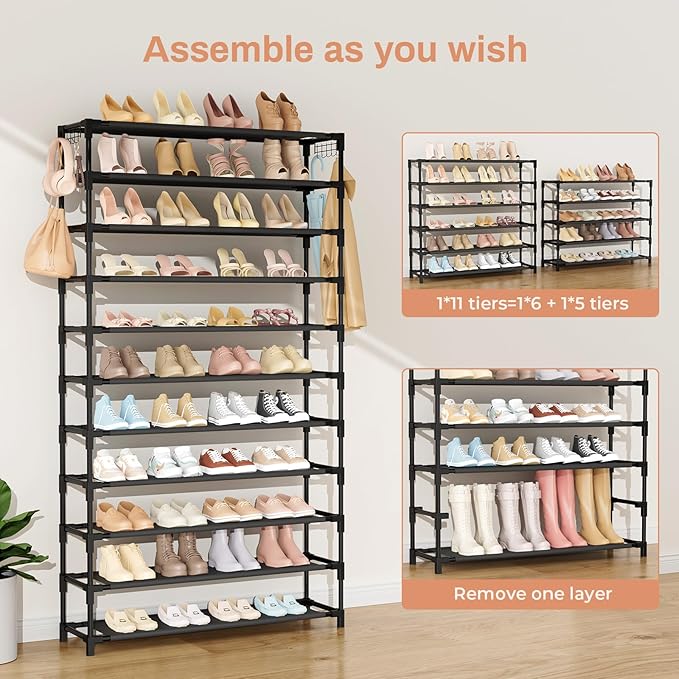 VILICK 11 Tiers Tall Wide Shoe Rack 55 Pairs Large Capacity Sturdy Durable Shoe Rack for Closet Metal Shoe Organizer Shelf wi