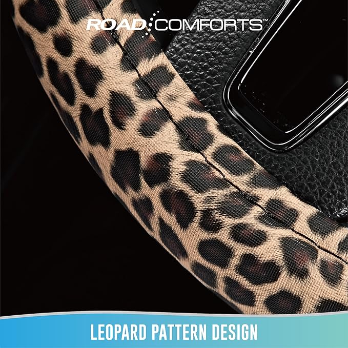 Road Comforts Leopard Steering Wheel Cover - Made with PVC Leather Cheetah Print - Anti-Slip, Universal Fit 14 1/2 inches to 