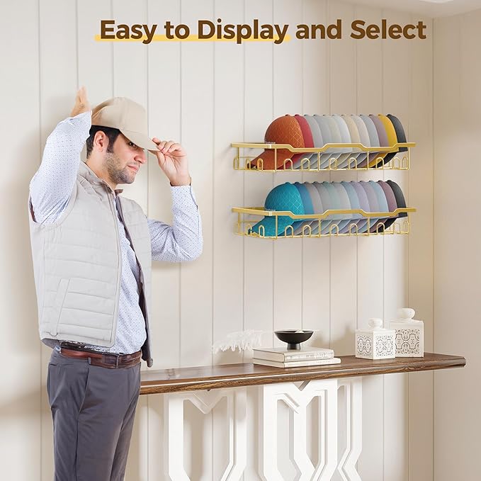 Nicetree Hat Racks for Baseball Caps Wall - Metal Hat Organizer for 48 Baseball Caps Holder, 2 Pack Hat Storage Organizer for