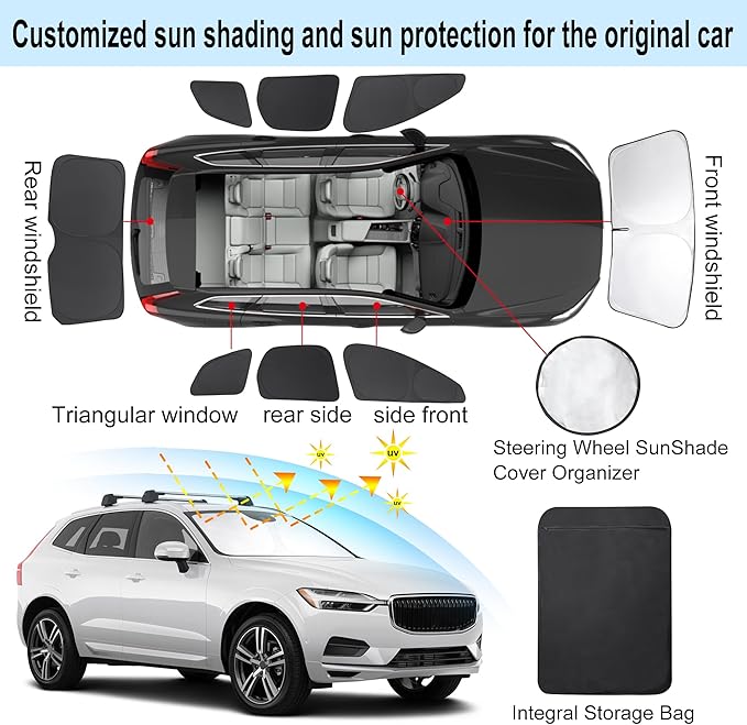 TINGLU Window Shades for Volvo XC60 2018-2025 2026 Accessories Car Side Full Windows Rear Triangular Windshield Sun Shade Sun UV Rays & Privacy Protection for Camping,Napping,and Relaxing 8PCS