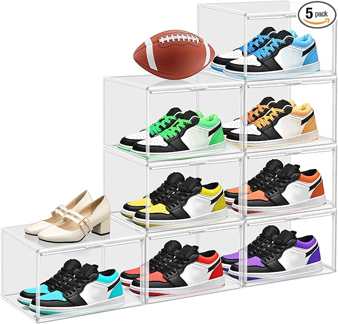 5 Pack Clear Shoe Boxes Size 12 Shoe Storage Organizer for Closet Stackable Shoes Rack Handbag Organizer Plastic Sneaker Stor