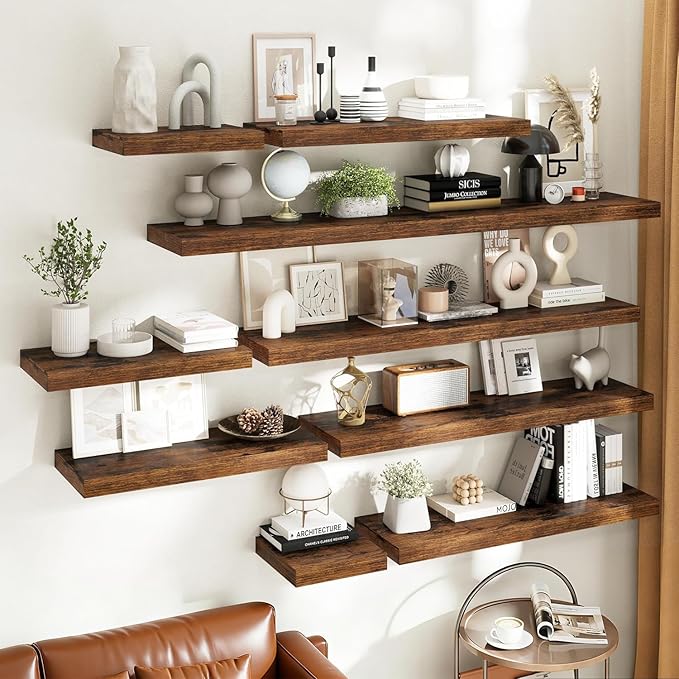 Solid Wood Floating Wall Shelves, Wall Mounted Display Bookshelf for Bedroom, Bathroom, Kitchen, Living Room, Decor Wall,Set 