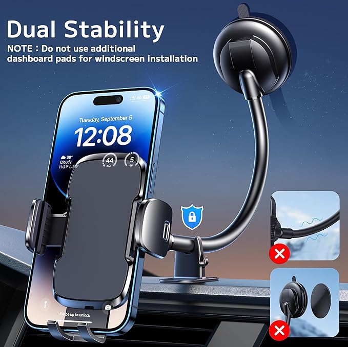 TICILFO Phone Holders for Your Car [Gooseneck Flexible] Phone Stand for Car Dashboard Windshield Automotive Accessories [Strong Suction Cup] Cell Phone Car Mount for All iPhone Android Smartphone