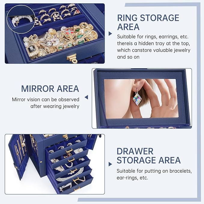 AKOZLIN 6-Tier Jewelry Box Organizer Functional 5 Drawers Leather Jewelry Storage Case for Women Girls Ring Necklace Earring 