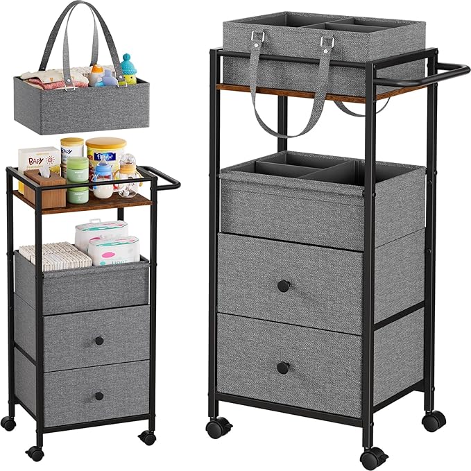 Modanais Baby Diaper Caddy Organizer Cart with Drawers - 3In1 Rolling Storage Cart with Wheels, Removable Diaper Caddy, Detac
