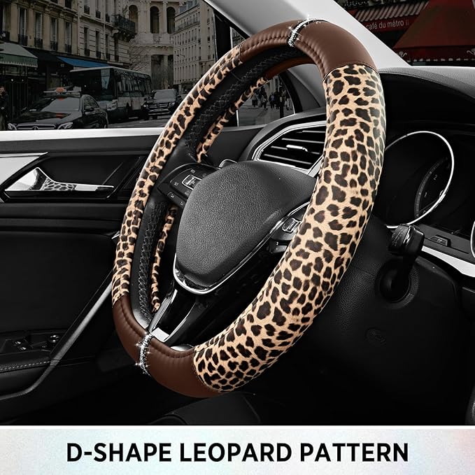 Road Comforts Leopard Steering Wheel Cover for Women, Cute Anti-Slip Microfiber Leather, Fits D Shape Flat Bottom Steering Wh