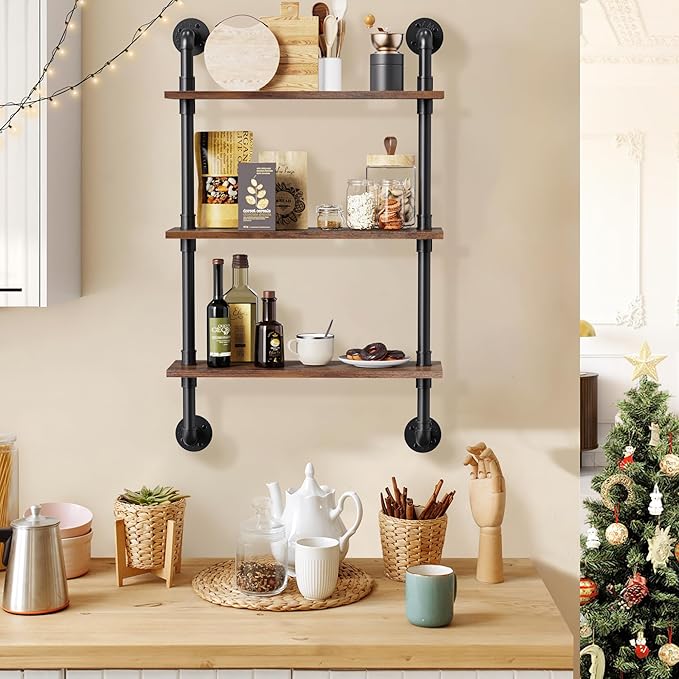 Merapi 24" Industrial Floating Shelves, Pipe Shelves for Wall, 3 Tier Rustic Wood Wall Shelves for Home Décor, Bedroom, Livin
