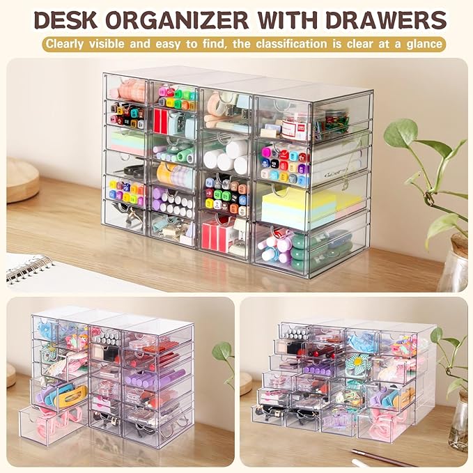 VZKAH Acrylic Organizer with Drawers | 20 Drawers 4 Sets | Desk Organizer and Storage, Clear Makeup Organization, For Office/