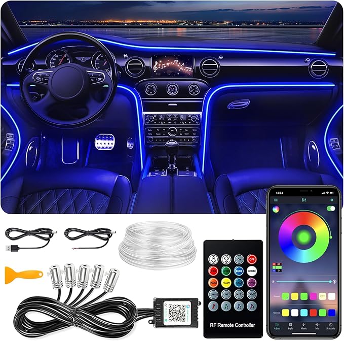 Interior Car Lights, SAMGCHI USB Car LED Strip Lights, Car Ambient Lighting Kit with 236 inches Fiber Optic, RGB EL Wire Lights APP and RF Remote Control Music Sync and DIY Mode DC 12V