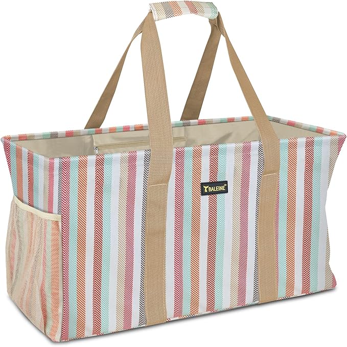 BALEINE Extra Large Utility Tote Bag with Reinforced Wire Frame, Reusable Grocery Bag for Shopping, Picnic (Color Stripe, 22''x12''x10'')