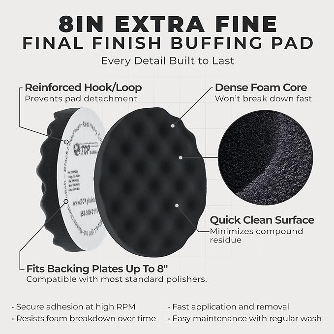TCP Global 8" Black Waffle Foam Buffing Pad Hook and Loop Backing - Extra Fine Pad for Polishing, Automotive, Marine, Truck, RV & Compound Cutting, Car Polishing Pads