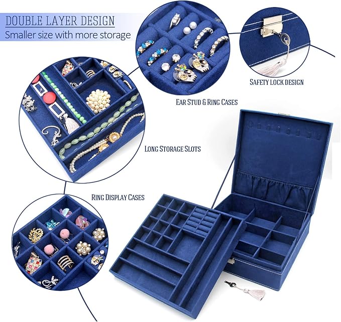 Two-Layer Jewelry Box Organizer Display Storage case with Lock (Deep Blue)
